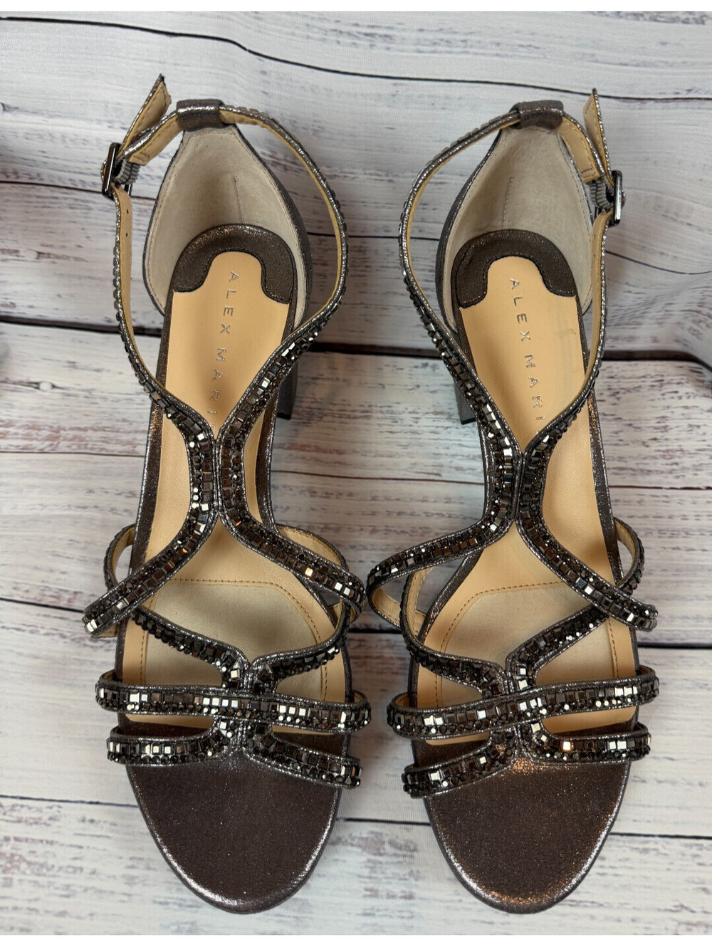 ALEX MARIE Libby gray bronze rhinestone strappy platform block sandals 9.5 NWT